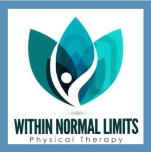 Logo for Within Normal Limits Physical Therapy in Locust Valley, NY, featuring an abstract human figure intertwined with a teal leaf design.