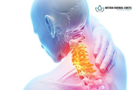 Digital illustration of a person holding their neck, highlighting the cervical spine in yellow and red to indicate neck pain or discomfort; "Within Normal Limits Physical Therapy" logo in the corner.