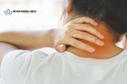 Person holding the back of their neck in apparent discomfort, with a highlighted red area indicating pain; a physical therapy logo is visible in the background.