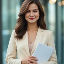 A woman in a beige suit stands outside a modern building, holding documents and smiling at the camera.