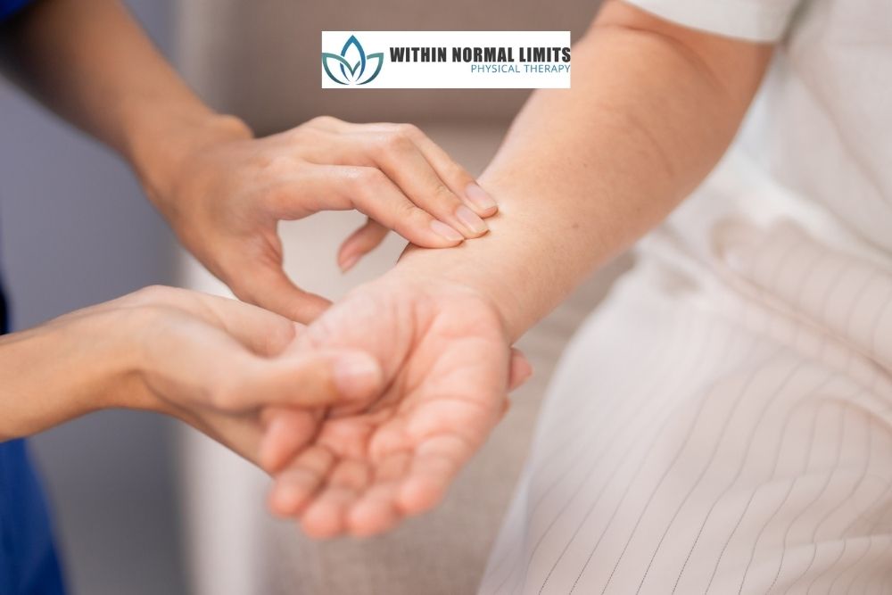 A physical therapist checks a person's pulse on their wrist. The "Within Normal Limits Physical Therapy" logo is visible at the top of the image.