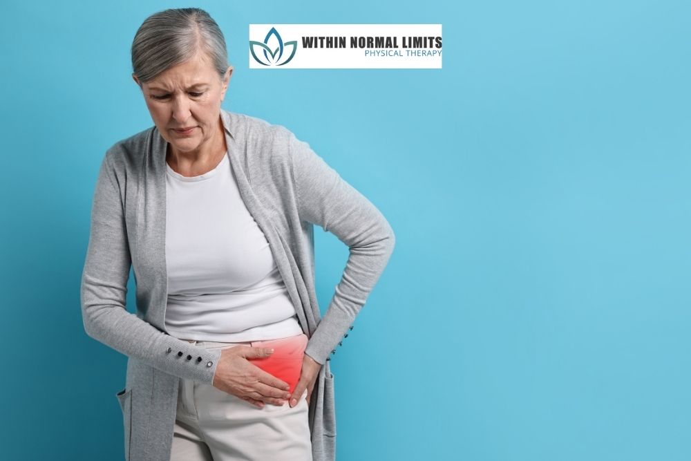 Older woman holding her hip in discomfort, with a highlighted pain area, standing against a blue background beneath a "Within Normal Limits Physical Therapy" logo.