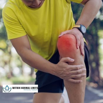 A person in a yellow shirt holds their knee, which appears red and inflamed, suggesting pain or injury. The "Within Normal Limits Physical Therapy" logo is visible.
