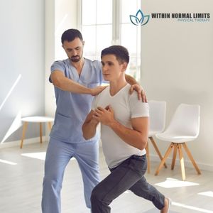 A physical therapist guides a man through a lunging exercise in a bright clinic room with chairs in the background, highlighting personalized Physical Therapy in Roosevelt NY.